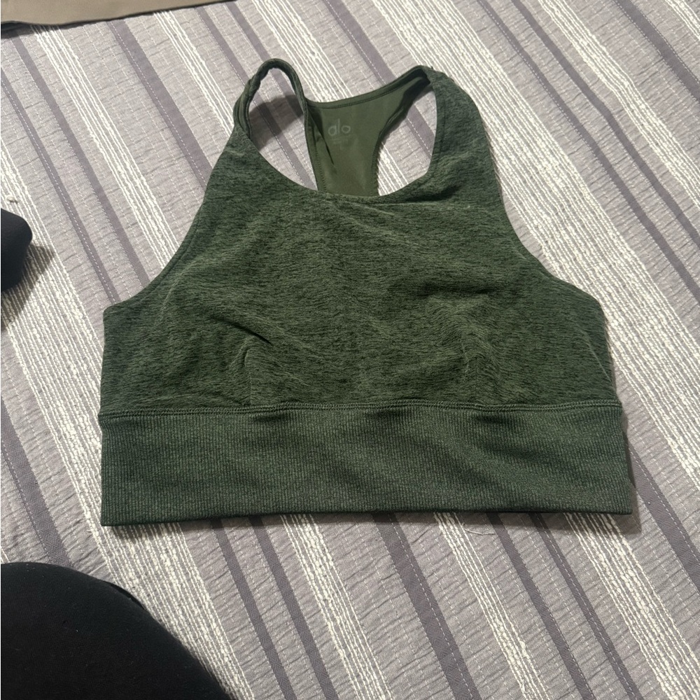 ALO Yoga Seamless High Neck Racerback Sports Bra in Forest Green